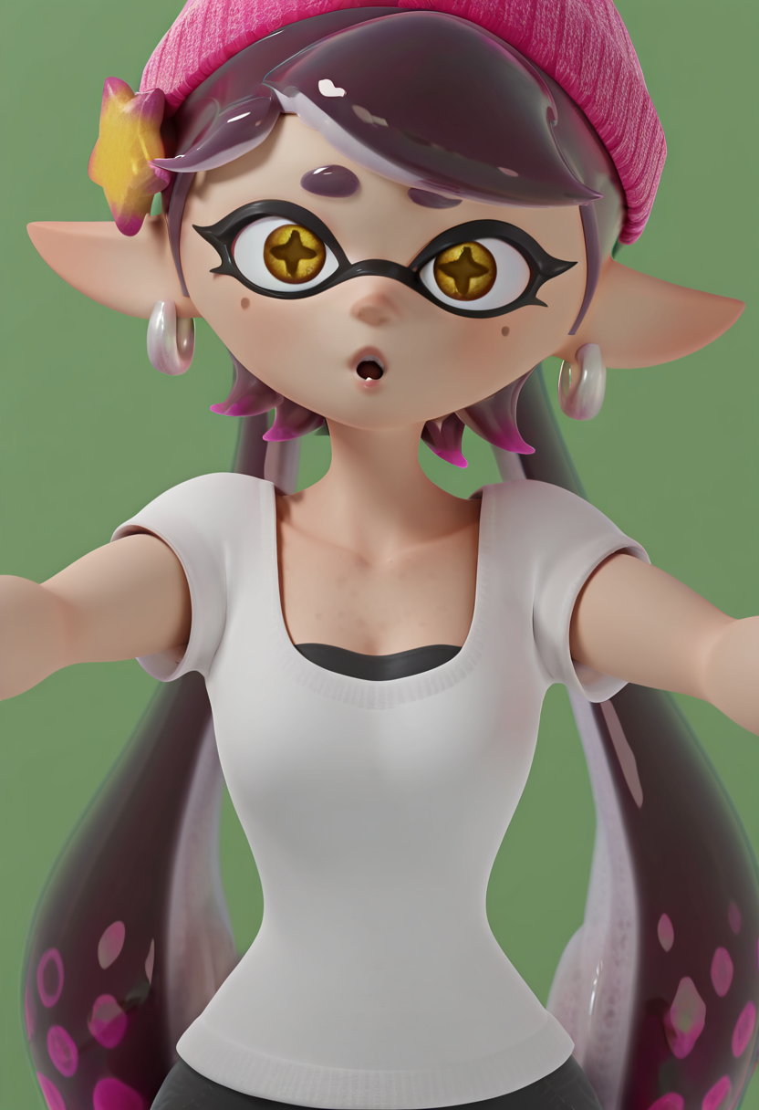 masterpiece, best quality, 1girl, solo, eyelashes, (beautiful eyes),     masterpiece, best quality, solo, curvy, beautiful eyes, narrow waist, wide hips, 1girl, solo, happy, looking at viewer, foreshortening, close up,      3d,    Callie (splatoon), 1girl, solo, inkling, tentacle hair, long hair, earrings, white shirt,  upper body, :o, blush,      <lora:SquidTalkStyle_IXL:1.0>,