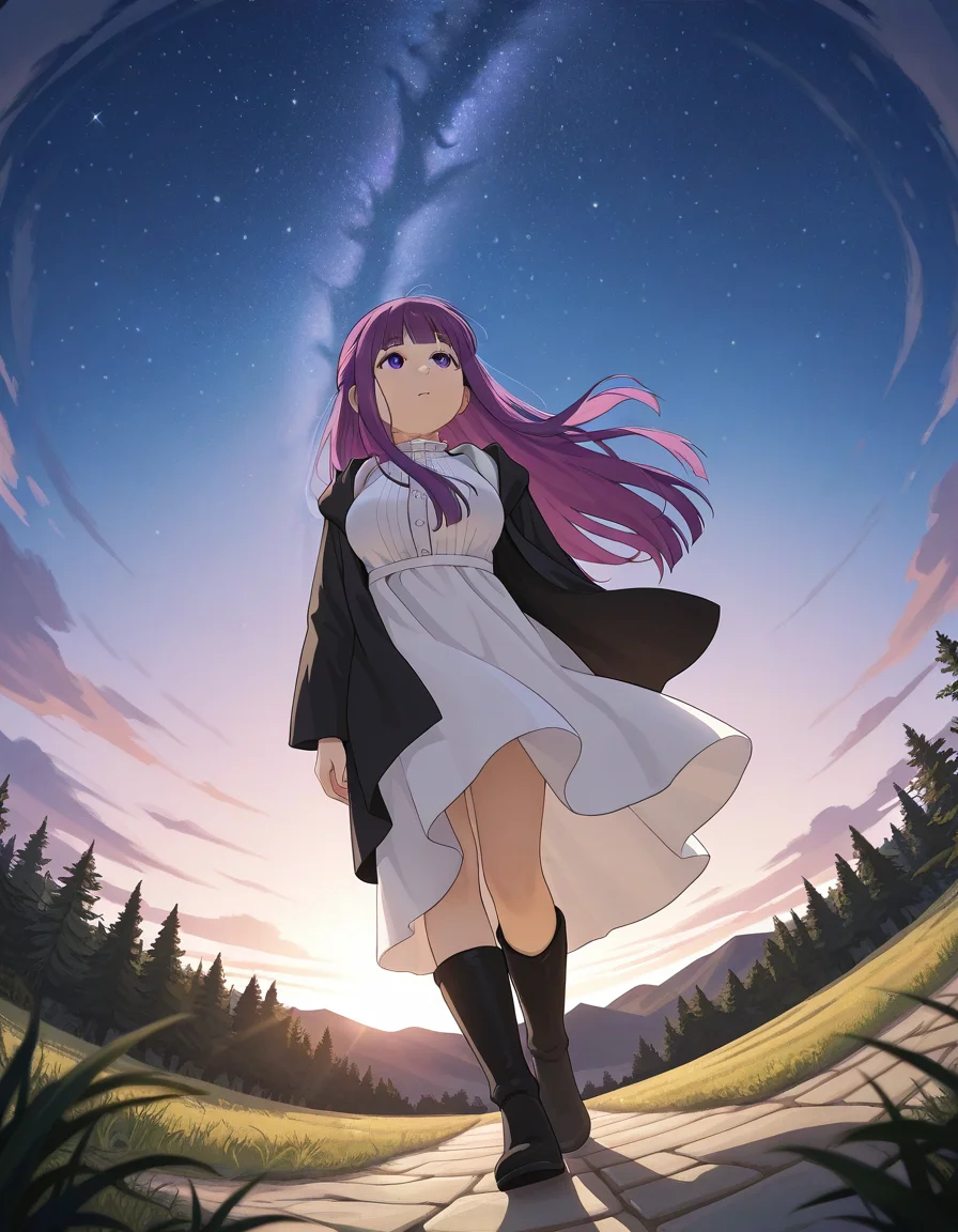 1girl, wind lift, sunlight, twilight, outdoors, dutch angle, full body, boots, looking up, starry sky, wind lift, fern \(sousou no frieren\), long hair, walking,fisheye,