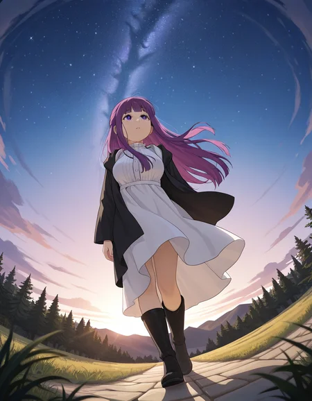 1girl, wind lift, sunlight, twilight, outdoors, dutch angle,  full body, boots, looking up, starry sky, wind lift, fern \(sousou no frieren\), long hair, walking,fisheye,