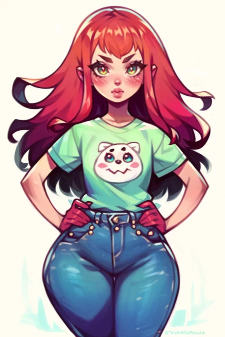 <lora:Cyancapsule:1>, score_9, score_8_up, score_7_up, score_6_up, score_5_up, rating_questionable, source cartoon
1girl, pretty face, pretty eyes, detailed eyes, HD eyes, thick thighs
hands on hips, standing, cowboy shot
looking at viewer, blush, eyebrows, long hair, red hair, green eyes jeans, green t-shirt, boots, high waisted jeans
simple background, white background