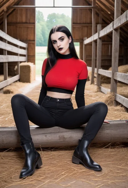 Petite 23 year old goth girl in red top and a black pants sitting in a messy barn, large breasts, Summer