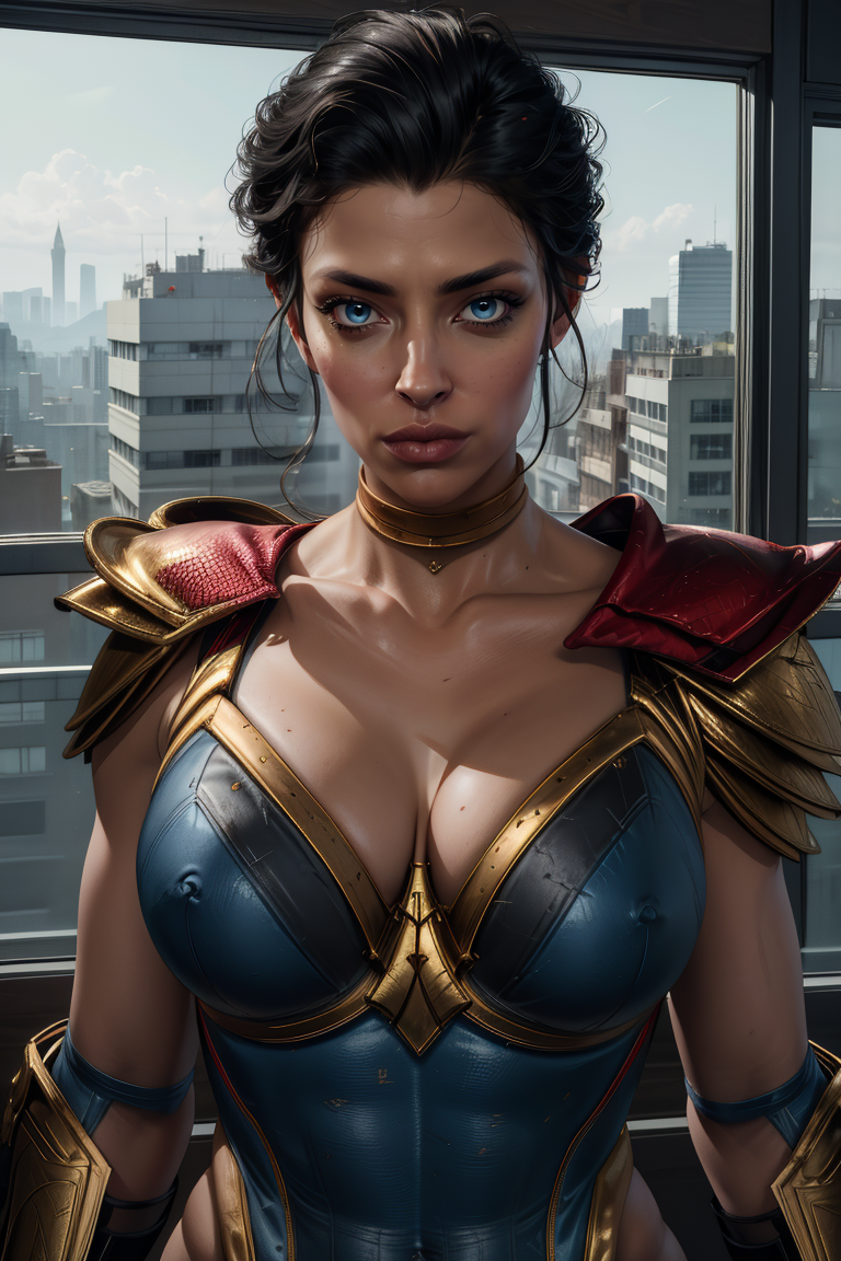 diana,black hair,blue eyes,short hair,hairbun,lips,
leotard,cleavage,upper body,
looking at viewer,
science fiction,  city, indoors, 
(insanely detailed,masterpiece, best quality),solo,<lora:wonderwomanSQ:0.8>,