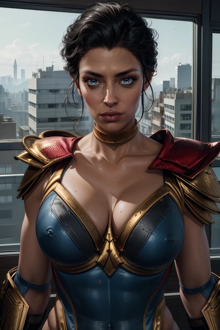 diana,black hair,blue eyes,short hair,hairbun,lips,
leotard,cleavage,upper body,
looking at viewer,
science fiction, city, indoors,
(insanely detailed,masterpiece, best quality),solo,<lora:wonderwomanSQ:0.8>,