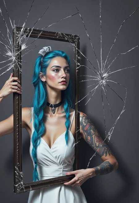 A broken picture frame with shattered glass, featuring Stacy in a solo shot. She has long, blue hair in twin braids, a hair bow, and freckles. Stacy's piercing blue eyes, puffy lips, and intricate arm tattoo are highlighted. She wears a white dress, a black choker, and a look of sadness as she gazes at the broken frame. The grey background, detailed with photorealistic textures, cinematic lighting, and natural skin tones, adds depth. The scene captures a fantasy world in VibrantlySharp style, with atmospheric depth, expressive eyes, and realistic reflections. The shattered glass symbolizes a broken heart, enhancing the emotional impact of the image