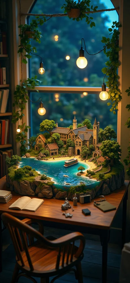 (indoor,very wide isometric view,tilt-shift lens:1.6), (windowless,fna_style,miniature,miniature,diorama,miniature,diorama,PVC,plastic:2),starry night jungle,beach,1930s city with streetcar  at (floating island,levitating  island:1.5) on (table:2) at (attic:2.5)   <lora:Diorama_Flux:1>
 <lora:Fantasy_Novel_Art_Style:1>