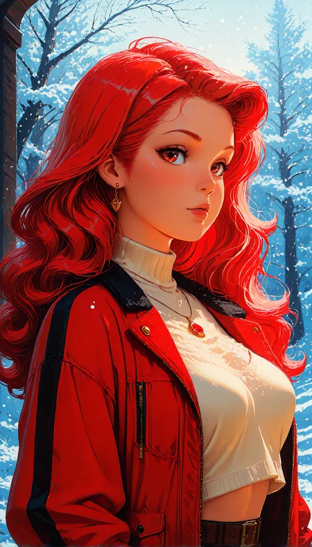 comic art, fantasy style, vivid colors, lineless:1.5, depth of field, cinematic lighting, winter setting, falling snow, 1girl, solo, red hair, wavy hair, long hair, fair skin, expressive brown eyes, subtle blush, glossy lips, turtleneck crop top, red jacket, open jacket, pendant necklace, earrings, stylish, confident, upper body, detailed hair, detailed face, soft shadows, warm lighting on skin, dramatic contrast, bokeh
<lora:Oilpainting_IL:0.6> jedopil, oil painting
<lora:Retro_60s_Decarlo_ILXL:0.4> decarloxl, retro colors, 60s
<lora:incase_2024_new_style_upscaled_with_big_images:0.8>
<lora:Add_color_ILXLv1:0.4>
<lora:Smooth_Lighting_Enhancer:0.4>
<lora:noobai_vpred_1_masterpieces_v23:1> masterpiece, best quality, very aesthetic
<lora:illustriousXL_stabilizer_v1.23:1>