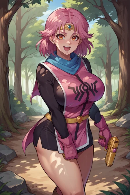 score_9, score_8_up, score_7_up, score_6_up, source_anime, BREAK 1girl, solo <lora:dqmaam-pdxl-nvwls-v1-000005:1> priMaam, pink hair, orange eyes, medium hair, blue scarf, circlet, short dress, pink tabard, black sleeves, belt, gloves, boots, big breasts, holding pistol, yellow gun, forest, dirt road, dappled sunlight, looking at you, happy, open mouth