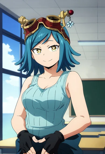 mei hatsume, Hatsume Mei, (yellow eyes:1.5),sky blue hair, (skyblue hair:1.5),(symbol-shaped pupils:1.5), smile, BREAK gloves, sleeveless, black gloves, tank top, goggles, goggles on head, partially fingerless gloves, clothes around waist, ribbed shirt, BREAK indoors, classroom, BREAK looking at viewer, BREAK <lyco:GoodHands-beta2:1>, (masterpiece:1.2), best quality, high resolution, unity 8k wallpaper, (illustration:0.8), (beautiful detailed eyes:1.6), extremely detailed face, perfect lighting, extremely detailed CG, (perfect hands, perfect anatomy),boku_no_hero_academia_style
