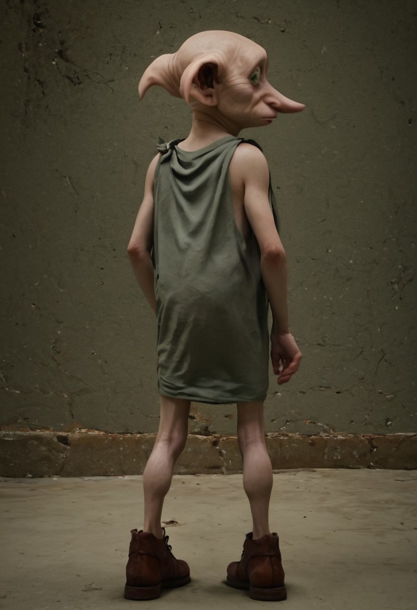 dobby_free, 1male, short, bald, large green eyes, long nose, long pointed ears, pale skin, sleeveless light grey rags clothes, brown shoes, score_8_up, score_7_up, BREAK, solo, looking at viewer, scared, from behind, head tilt, male focus, looking back, looking at viewer, detailed background, 4k, masterpiece, best quality, highly detailed, realistic, 3d,
