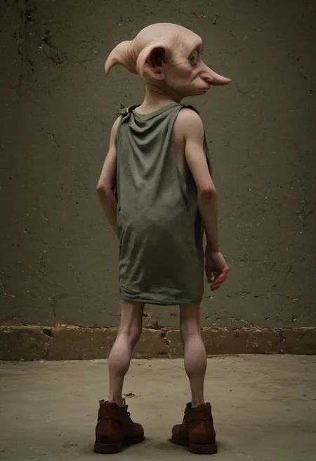 dobby_free, 1male, short, bald, large green eyes, long nose, long pointed ears, pale skin, sleeveless light grey rags clothes, brown shoes, score_8_up, score_7_up, BREAK, solo, looking at viewer, scared, from behind, head tilt, male focus, looking back, looking at viewer, detailed background, 4k, masterpiece, best quality, highly detailed, realistic, 3d,
