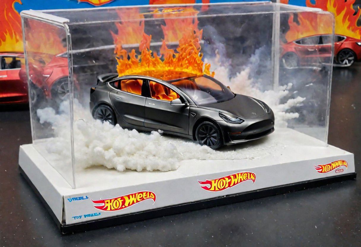 Hot Wheels toy car company have made a toy car version of a Tesla Model 3, The toy telsa model 3 car comes in a mini display unit/box. The car is exploding into fire and flames, white smoke fills the top of the display box, (realistic explosion from car), (realistic Flames bellow from the car windows inside the display unit),  (standing next to the car is a little palstic toy man, he holds both arms in the air,