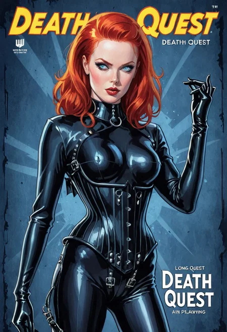Vintage comic book cover of, woman, bright red hair, blue eyes, in black leather bodysuit, long sleeves, black gloves, corset, HW_Corset, collar, solo, , temple background. pulp novel style with the title "Death Quest", sketch pixlineart drawing