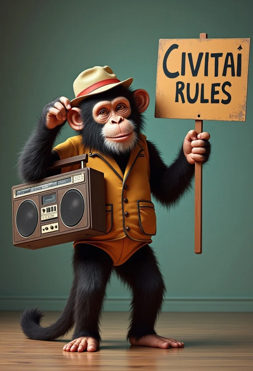 Let's create a monkey holding a boombox. Let's have the monkey wearing 1970s style clothing. In the other have him holding a sign that reads "CIVITAI RULES!" Make hyperrealistic