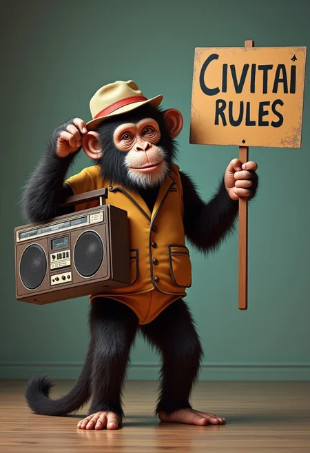 Let's create a monkey holding a boombox. Let's have the monkey wearing 1970s style clothing. In the other have him holding a sign that reads "CIVITAI RULES!" Make hyperrealistic