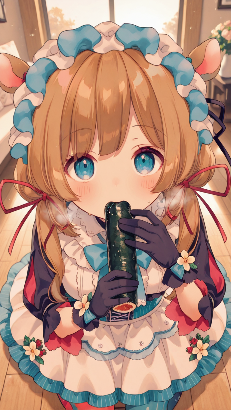 1girl,  solo,  face, kneeling,  from above, pov, looking at viewer, 
 close up mouth, closeup shot,
eating  black thick ehoumaki,  
grab ehoumaki both hands,
in heat, hard breathing,sweat, sweat drop,
<lora:niji-eli:1> nijieli,small breasts,blue eyes,brown hair,animal ears,deer ears,long hair,low twintails,red ribbon,, nijielicos,white shirt,frilled shirt,blue bowtie,black sleeves,puffy sleeves,corset,white skirt,frilled skirt,layered skirt,long skirt,white flower,asymmetrical pantyhose,two-tone pantyhose,split-color pantyhose,blue and red pantyhose,headdress,black gloves,,
living room, dusk,  light rays,, masterpiece,best quality,amazing quality,
 detailed, high_detail, high resolution, 4K,HDR,high detailed, ultra detailed, high res, amazing quality,very aesthetic, absurdres absolutely resolution, newest, texture,  elaborate background,, <lora:illustriousXLv01_stabilizer_v1.164:0.4>
 <lora:add-detail-xl:1.5> <lora:Detail-Enhancer-v1.0:1>