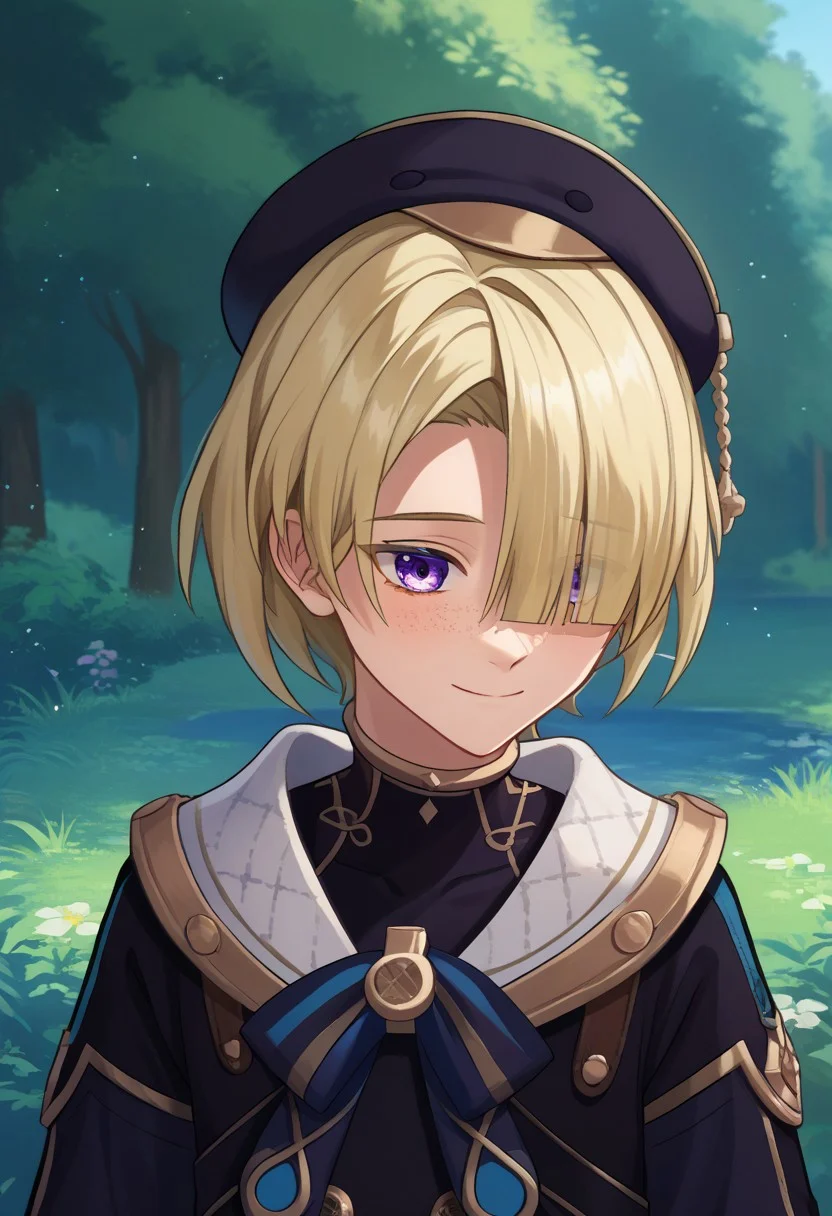 score_9, score_7_up, source_anime
freminet, 1boy, male focus, solo, purple eyes, blonde hair, hair over one eye, freckles, hat, beret, black headwear, diving suit, jacket, blue jacket, long sleeves, buttons, bow, blue bow, shy, smile,
outdoor, upper body,