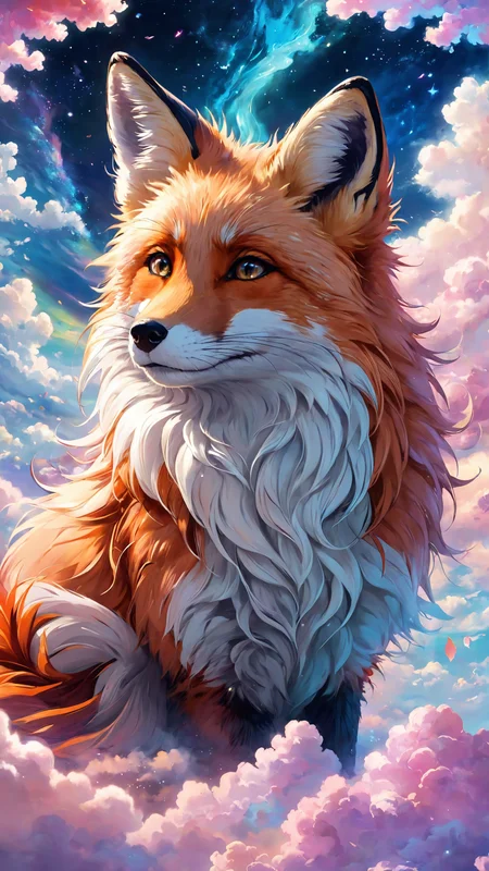 2D anime screencap, serene fox in a mystical cloudscape, intricate details, vibrant colors, ethereal lighting, glowing accents, soft natural lighting, ethereal glow, detailed background, dreamy atmosphere, realistic shadows, fine details in fur and clouds, ultra-quality, magical elements, peaceful expression, closed eyes, enchanting setting, swirling clouds, floating stars, whimsical composition, calm ambiance, delicate line work