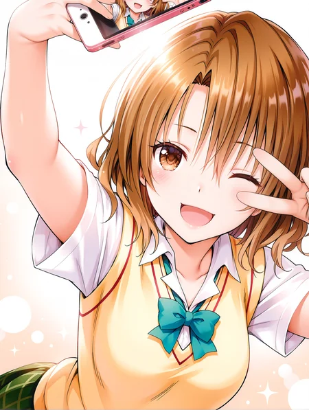 masterpiece,best quality,newest,
1girl,solo,
<lora:m_risa_ilxl_v1.1:1>,momioka,brown hair,brown eyes,m_clothes,short sleeve blouse,sweater vest,green plaid skirt,
<lora:Fixhands_anime_bdsqlsz_V1:1>,face_focus,(reaching towards viewer:1.2),outstretched arm,(holding Smartphones:1.2),open mouth,front view,upper_body,light_blush,looking_up,panorama,:d,looking_at_Smartphones,holding Smartphones,reaching towards viewer,Smartphones,self -portrait,blush,one eye closed,sparkle,blush,face_focus,bokeh,dynamic_angle,cinematic_angle,dutch angle,foreshortening,fisheye,white_background,simple_background,v over eye,
