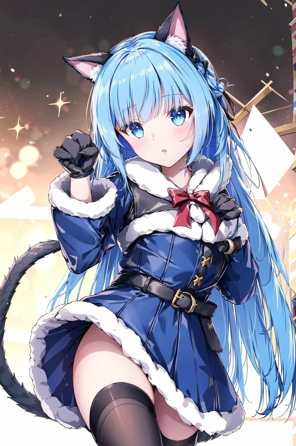 1girl, solo, animal ears, white thighhighs, white background, blue eyes, dress, blue hair, long hair, thighhighs, fur-trimmed dress, sack, blue dress, gloves, reindeer antlers, animal hands, blush, simple background, fur trim, bangs, parted lips, long sleeves, looking at viewer, tail, cat ears, belt, antlers, bow, hand up, very long hair, holding sack, paw gloves, christmas, black belt, merry christmas, fur-trimmed sleeves, wide sleeves, black bow, cat tail, holding, fur-trimmed headwear, cat girl, one side up, (masterpiece,best quality)