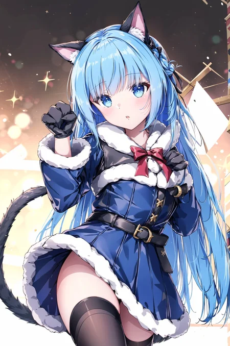 1girl, solo, animal ears, white thighhighs, white background, blue eyes, dress, blue hair, long hair, thighhighs, fur-trimmed dress, sack, blue dress, gloves, reindeer antlers, animal hands, blush, simple background, fur trim, bangs, parted lips, long sleeves, looking at viewer, tail, cat ears, belt, antlers, bow, hand up, very long hair, holding sack, paw gloves, christmas, black belt, merry christmas, fur-trimmed sleeves, wide sleeves, black bow, cat tail, holding, fur-trimmed headwear, cat girl, one side up, (masterpiece,best quality)