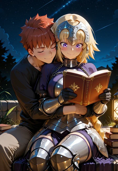 (masterpiece), (best quality), amazing quality, (very aesthetic), light particles, scenery, ultra detailed, score_9,score_8_up,score_7_up, BREAK, 1boy, emiya shirou \(fate\), 1girl, jeanne d'arc \(ruler\) \(fate\), armored dress, smile, book, closed eyes, hetero, couple, holding, sitting, blush, reading, smile, book stack, holding book, hug behind, starry sky, night, outdoors, ,masterpiece,best quality,amazing quality, absurdres, perfect_anatomy, intricate eyes, anatomically_correct_body, extremely detailed eyes, (expressive eyes), EyesHD, beautiful eyes, perfect eyes, extremely detailed skin, (heavy lines, black outline), high score, great score, year2024, year2023, ultra high resolution, 8K, UHD, HD, HDR, high contrast, (nyantcha:0.5), (takeuchi takashi:0.5), engraved