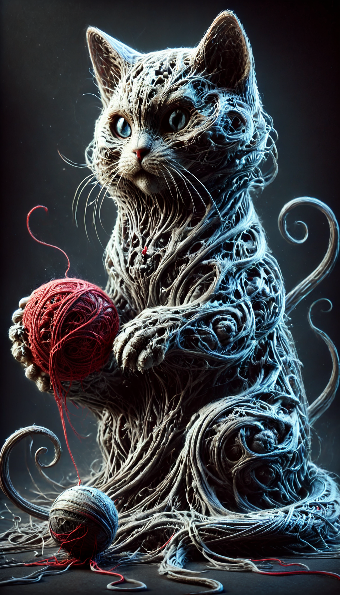score_9, score_8_up, score_7_up, score_6_up, score_5_up, score_4_up, cat playing with yarn ball, cat, yarn ball,, BiomechGothic, surreal organic design, gothic horror