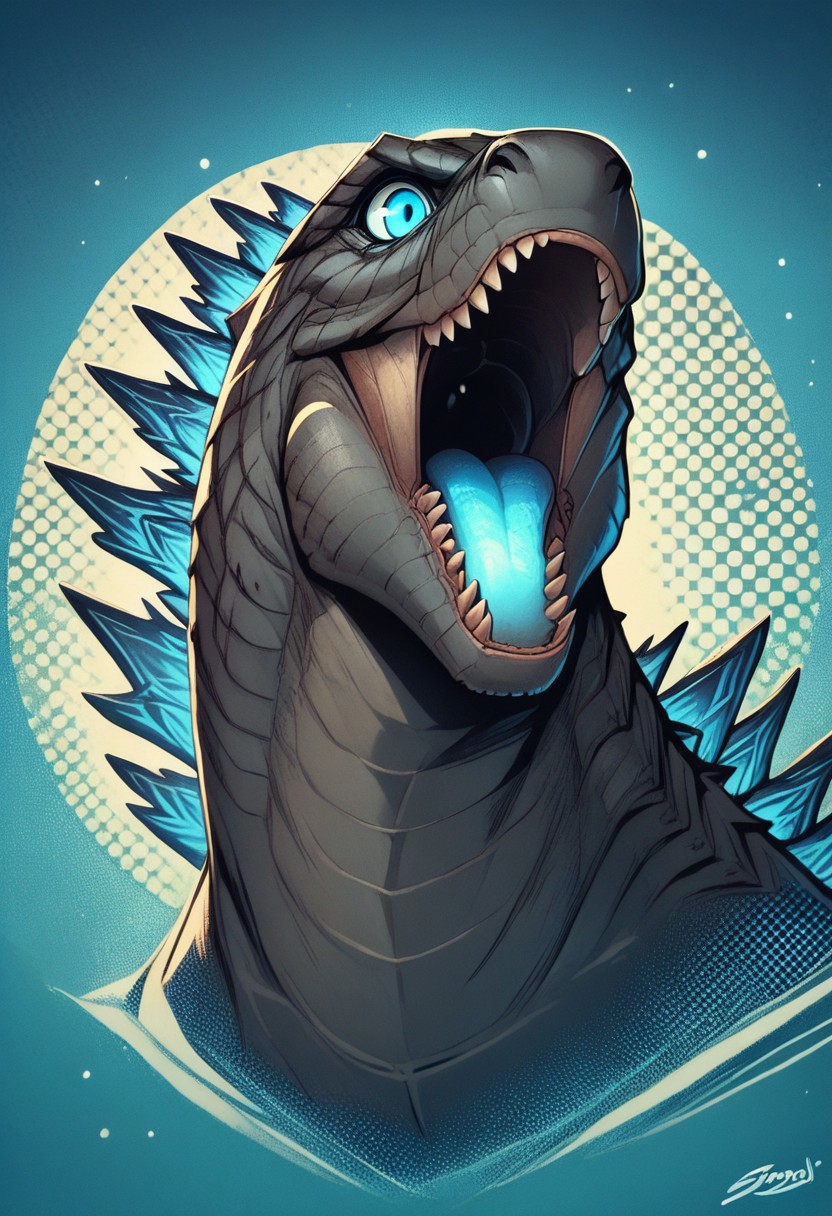 score_9, score_8_up, score_7_up, (halftone_pattern:1.3), godzilla, spines, glowing spines, glowing blue eyes, atomic breath, portrait, open mouth,