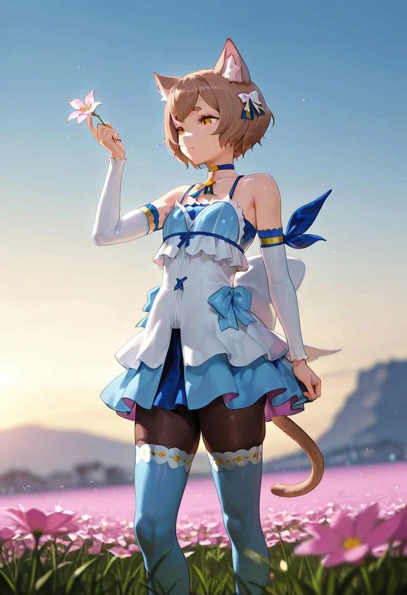 masterpiece, best quality, amazing quality, very aesthetic, high resolution, ultra-detailed, absurdres, newest, scenery,
felix_argyle_rezero, brown hair, bow, tail, detached sleeves, thighhighs, pantyhose, dress, choker, from looking at flower, headshot, blur, focal lens, ultra cinematic
BREAK, detailed background, detailed hair, depth of field