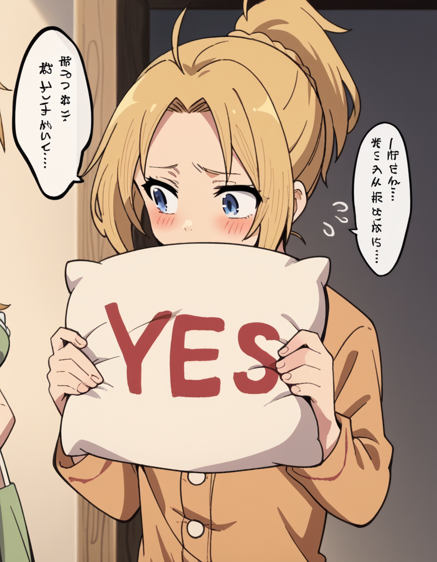 score_9, score_8_up, score_7_up, source_anime, <lora:zenith-greyrat-s1-ponyxl-lora-nochekaiser:1>, zenith greyrat, short hair, blonde hair, ponytail, ahoge, medium breasts, anime screencap, <lora:yes-no-pillow-ponyxl-lora-nochekaiser:1>, yes-no pillow, holding, pillow, flying sweatdrops, yes, holding pillow, blush, looking to the side, english text, bedroom, pajamas, cowboy shot, dutch angle,