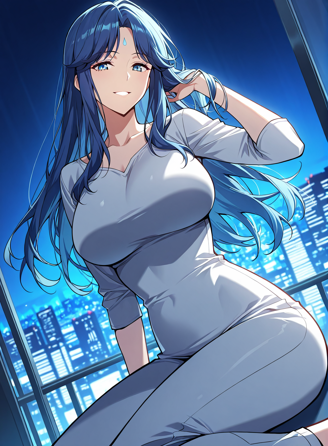 <lora:Sophie_Mardi (1):1>
1 girl, solo, blue eyes, big breasts, blue hair, long hair, loose hair
score_9, score_8_up, score_7_up, very aesthetic, source_anime, detailed, high quality, beautiful, masterpiece, detailed eyes, night, illuminated city background, blurry background, cityscape, pose dynamic angle, light smile, open mouth, hand on hair, sitting