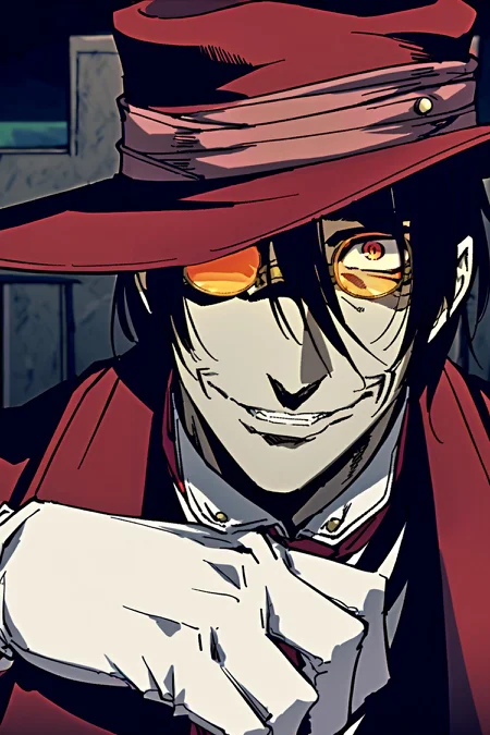 score_9, score_8_up, score_7_up, BREAK 1boy, solo, male focus, BREAK alucard \(hellsing\), red eyes, black hair, red coat, red ascot, black pants, black shirt, open mouth, grin, pale skin, white gloves, round eyewear, orange-tinted eyewear, hat, BREAK dark, tombstone, graveyard, close-up, looking at viewer, <lora:ALUCARD:1>