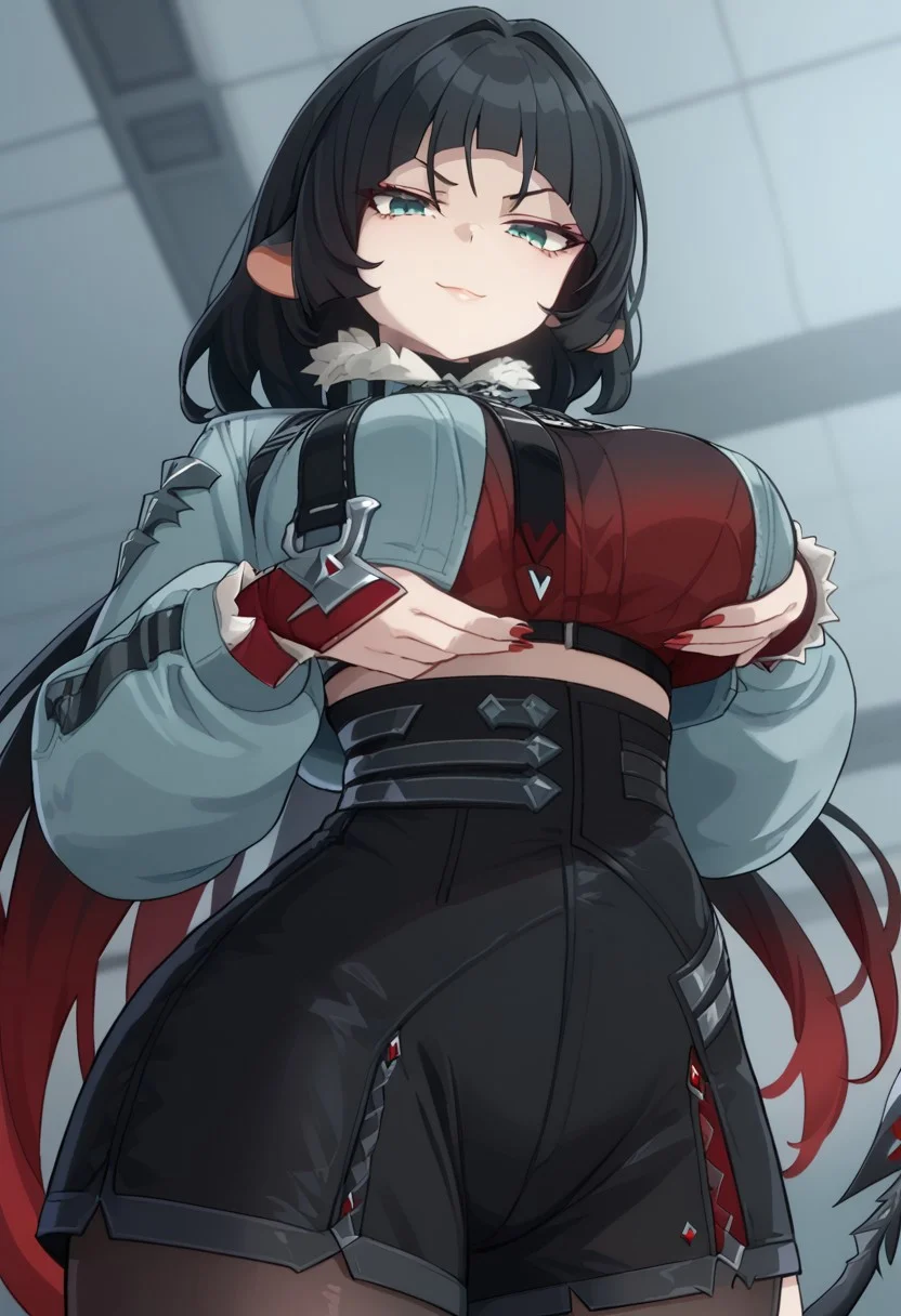 Jane Doe looking down on you, evil smirk, holding her nakes breasts,KJOjane, long hair, black hair, aqua eyes, blunt bangs, tail, mouse ears, animal ears, multicolored hair, red colored tips,