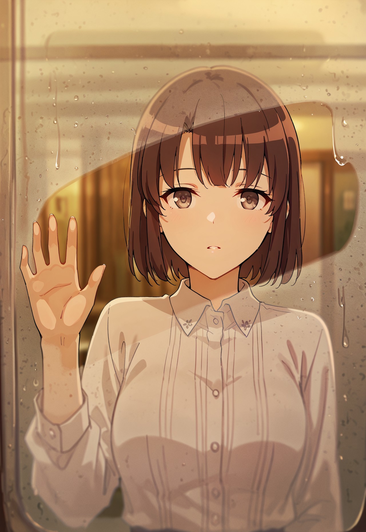 safe_pos, masterpiece, best quality, absurdres, safe
1girl,Megumi <lora:IL-KatoMegumi:0.8>,brown hair,katou megumi,brown eyes,medium breasts,short hair, condensation, hand on glass, blurry, water drop
<lora:glass_fog_wiping_il_d32:1>