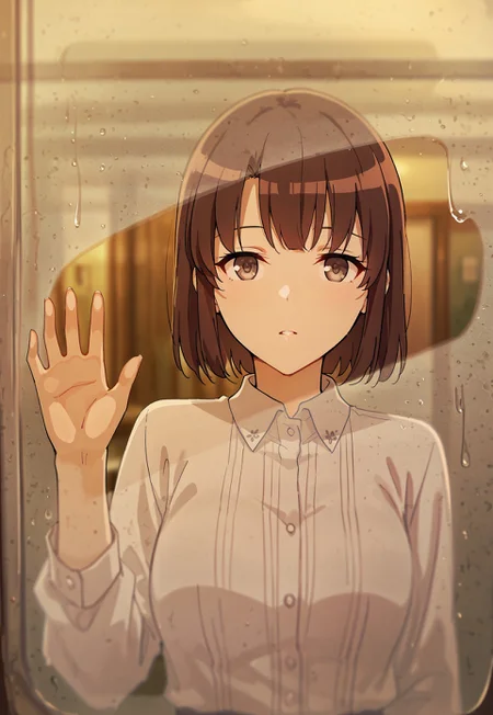 safe_pos, masterpiece, best quality, absurdres, safe
1girl,Megumi <lora:IL-KatoMegumi:0.8>,brown hair,katou megumi,brown eyes,medium breasts,short hair, condensation, hand on glass, blurry, water drop
<lora:glass_fog_wiping_il_d32:1>