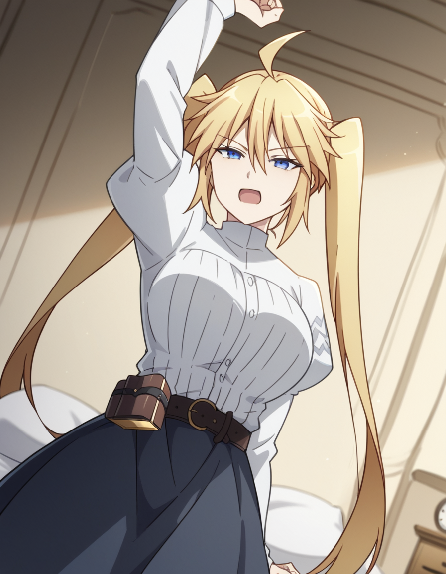 score_9, score_8_up, score_7_up, source_anime, <lora:angelica-prisma-s3-ponyxl-lora-nochekaiser:1>,, angelica, long hair, blonde hair, twintails, ahoge, blue eyes, large breasts,, skirt, shirt, long sleeves, belt, frills, white shirt, juliet sleeves, puffy sleeves,, bedroom, alarm clock, morning routine, yawning, stretching, on bed,, smile, looking at viewer, hand holding a cup, solo,, cowboy shot, dutch angle