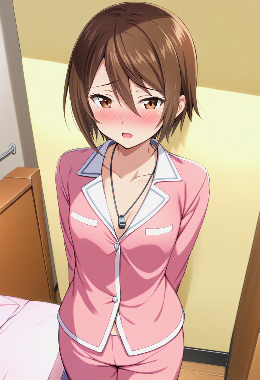 1girl,yagami_hikari_(digimon),against_wall,bed,bedroom,blush,brown_eyes,brown_hair,bunk_bed,collarbone,small breasts,half-closed_eyes,indoors,long_sleeves,looking_at_viewer,open_mouth,pajamas,pink_pajamas,short_hair,solo,standing,<lora:yagami-hikari-digimon-xl:0.9>,whistle,whistle_around_neck,hair between eyes,