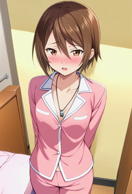 1girl,yagami_hikari_(digimon),against_wall,bed,bedroom,blush,brown_eyes,brown_hair,bunk_bed,collarbone,small breasts,half-closed_eyes,indoors,long_sleeves,looking_at_viewer,open_mouth,pajamas,pink_pajamas,short_hair,solo,standing,<lora:yagami-hikari-digimon-xl:0.9>,whistle,whistle_around_neck,hair between eyes,