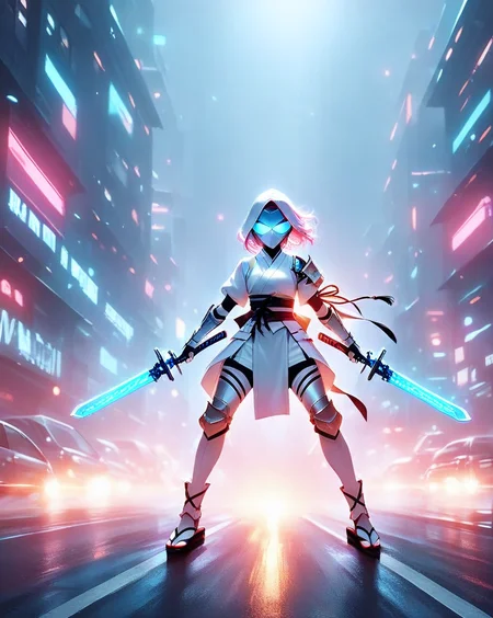 3d, cg, photorealistic smooth animation style, smooth anime, masterpiece, best quality, a ninja assassin, backlight, covered in white tight fitting cybernetic bio-mechanical armor with blue accents, jump, jump kick, carrying blue glowing tonfa, ((wearing white full mask, mask completely covers full face, light blue glowing eyes, wearing full white armored gloves, white armored traditional ninja Jika-tabi)), facing viewer, quasarcake, ishikei, colorful neon abstract background, bold lines, intricate details, hyper detailed, very detailed, high resolution, sharp, sharp image, 4k, 8k, masterpiece, best quality, trending on artstation, dark, moody,
<lora:CyberLight:0.5> CyberLight, <lora:M05_Intensify:0.5>, <lora:Midjourney Image Enhancer XL v1:0.2> <lora:3D:0.6>, <lora:drunken-fist03:0.8> fight stance, <lora:3D_Modeling_2:0.3> ,<lora:MG_ip:0.5> MG_ip, <lora:- SDXL - vanta-black_contrast_V3.0:0.3>