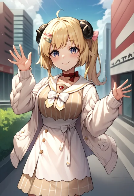 score_9, score_8_up, source_anime, 1girl, solo, WatameCasual, ahoge, side ponytail, short hair, hairclip, vertical-striped dress, white skirt, high-waist skirt, sailor collar, red choker, white bow, white cardigan, outdoors, city, smile, blush, waving at viewer, <lora:ChamTsunomakiWatamePonyXLV2:1>