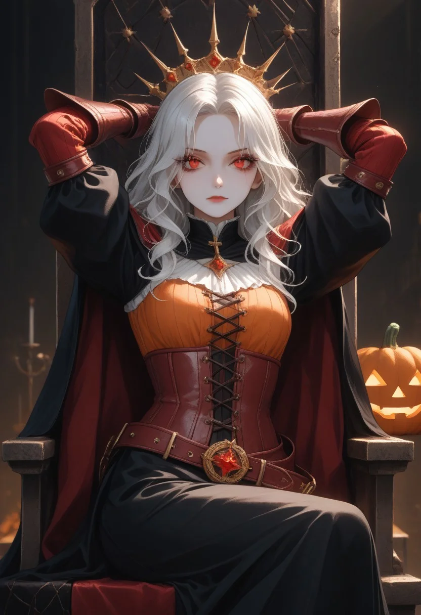 (masterpiece, best quality, absurdness, 4k, aesthetic, detailed, intricate, perfect lighting) cinematic angle, 1sologirl, sitting on throne, elbow rest, castle interior, cape, TWIN belt, armor, cloak, red gloves gauntlets, bkcrown, red eyes, white haired anime girl, with wavy hair, pale skin, On her face she had a pumpkin mask, orange porcelain pumpkin mask, full mask cover face, dressed in a medieval corset, with black medieval clothing, anime style. Conjure up some magic capturing the Halloween spirit. Arms behind head, strong body, abs.