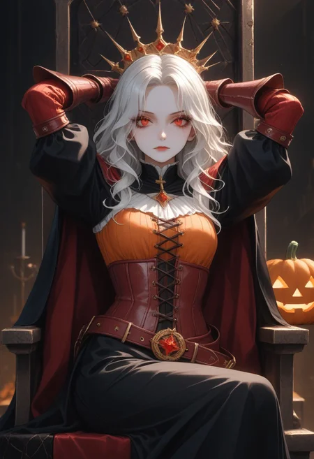 (masterpiece, best quality, absurdness, 4k, aesthetic, detailed, intricate, perfect lighting) cinematic angle, 1sologirl, sitting on throne, elbow rest, castle interior, cape, TWIN belt, armor, cloak, red gloves gauntlets, bkcrown, red eyes, white haired anime girl, with wavy hair, pale skin, On her face she had a pumpkin mask, orange porcelain pumpkin mask, full mask cover face, dressed in a medieval corset, with black medieval clothing, anime style. Conjure up some magic capturing the Halloween spirit. Arms behind head, strong body, abs.