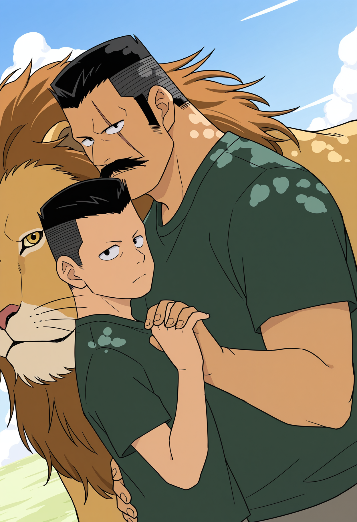 2boys, duo, upper body, interlocked fingers, looking at viewer, from side, standing, hands up, serious, dutch angle, (age difference:1.5),
BREAK
<lora:Kiyonaga_Matsumoto_from_Detective_Conan_v1.1:1> (plump:1.2), (long sideburns:1.5),
kiyonagamatsumoto, mature male, black hair, no eyebrows, flattop, thick mustache, forked mustache, scar across eye,
BREAK
(20-yo man:1.2), young man, mature male, (skinny boy:1.25), hairless boy, boy wearing green shirt, [short sleeves],
BREAK
dappled sunlight, high contrast, sunlight, day, outdoors, blue sky, cloudy sky, lion,
BREAK
bara, best quality, masterpiece, very aesthetic, absurdres, highest detailed, very awa, safe_pos