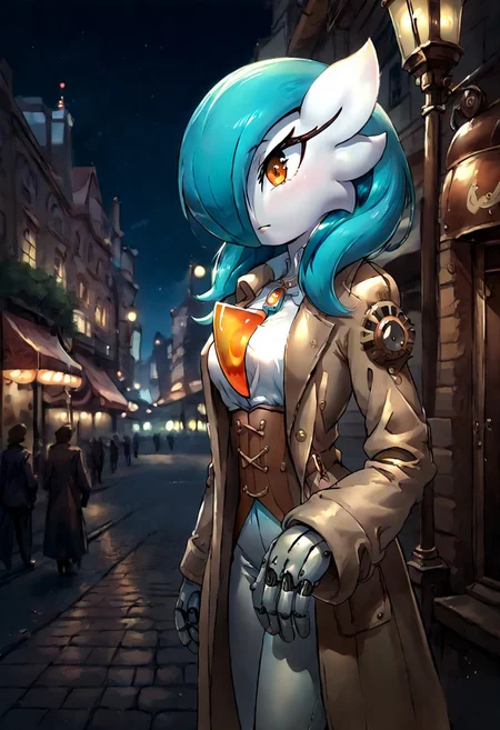 (((gardevoir))), female, anthro, green_hair, pale white skin, blue hair, curly long hair,(score_9, score_8_up, score_7_up, score_6_up), oil painting style, extremely detailed, (Gardevoir:1.3,  anthro female), (left arm a blue painted mechanical prosthetic:1.3),(left sleeves less brown trench coat:1.3), background steampunk city, night, under a street lamp,