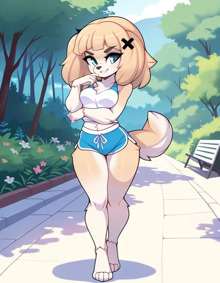masterpiece, best quality, very aesthetic, absurdres,
outdoors,
standing, posing,
full body, seductive smile, parted lips, long eyelashes,
<lora:Lillie_v01_NAIXL:1>,
Lillie,1girl,solo,furry female,dog girl,blonde hair,bangs,x hair ornament,blue eyes,freckles,snout,animal nose,body fur,tail,