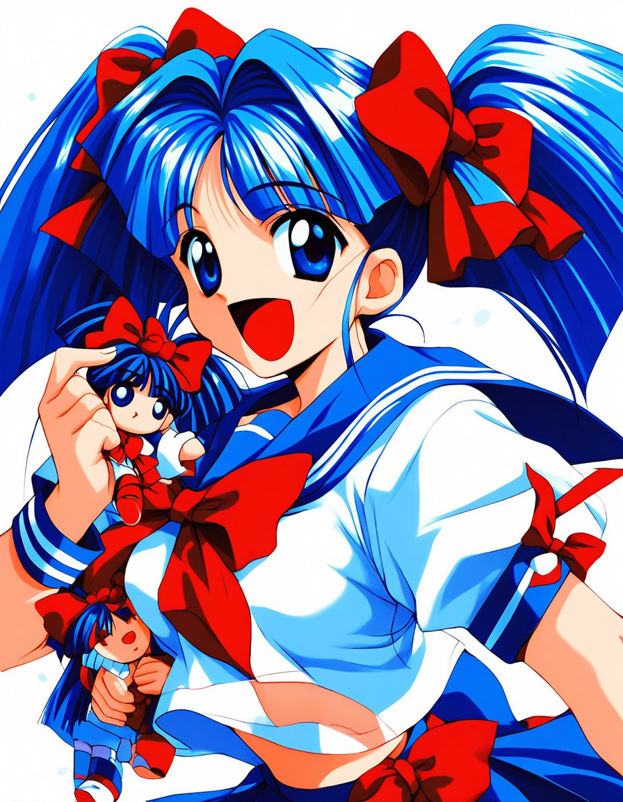 score_9, score_8_up, score_7_up, source_anime, rating_explicit, BREAK  <lora:Tomohara_Atsuko_XL:1> TomoharaAtsuko, blue hair, blue eyes, twintails, hair bow, medium breasts, red bow, long hair,
school uniform, bow, 1girl, serafuku, 1990s (style), open mouth, smile, character doll,  solo, doll, sailor collar,
