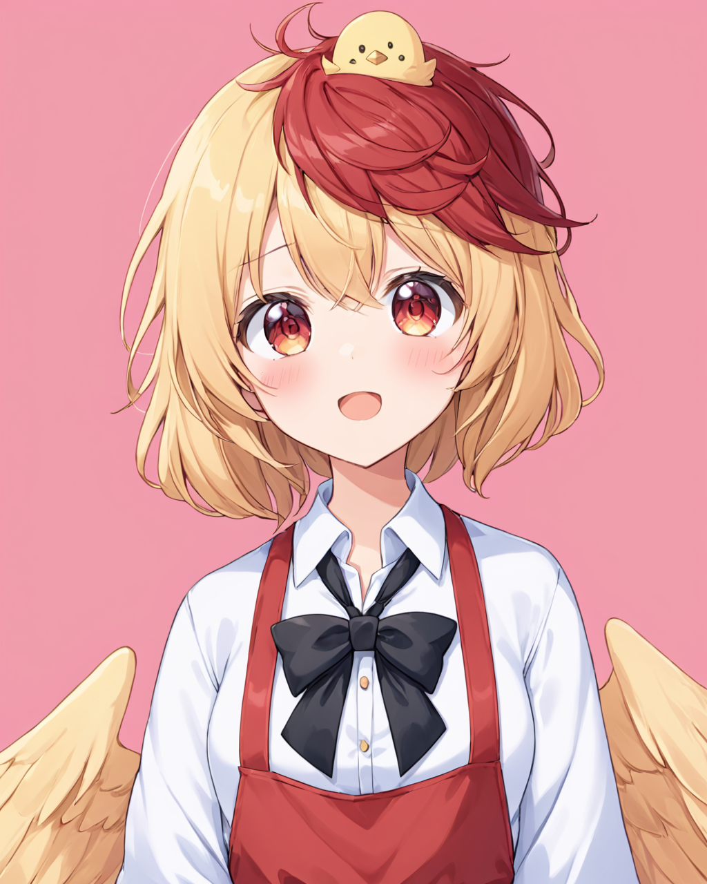 niwatari kutaka,1girl, red_apron, white_shirt, open_mouth, long_sleeves, feathered_wings, solo, pink_background, looking_at_viewer, chick, upper_body, yellow_wings, blush, bird_on_head, black_bowtie, simple_background, bird_wings, collared_shirt, :d, tail, alternate_costume
<lora:niwatari_kutaka_image1327_2023-12-20-000010:1>,star-shaped_pupils,symbol-shaped_pupils,. gorgeous,key visual, vibrant, studio anime,award-winning, professional, highly detailed,high budget, cinemascope