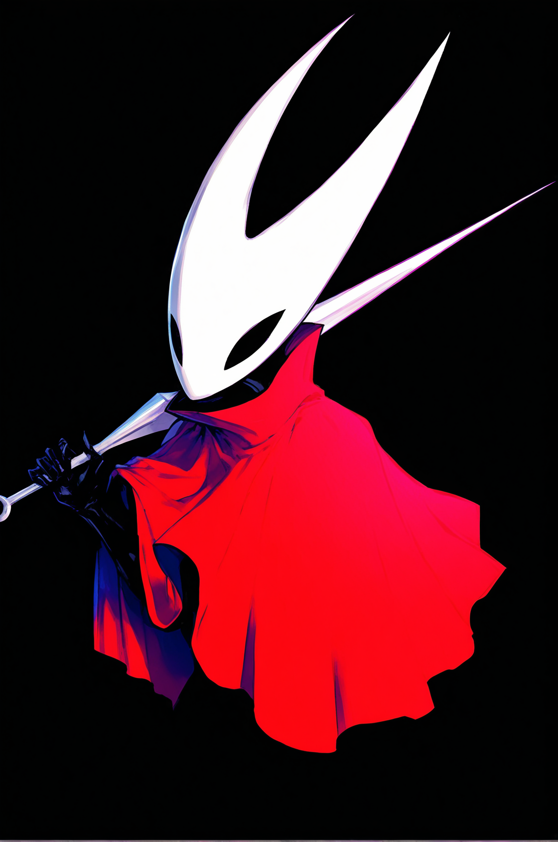 1girl, hornet \(hollow knight\), red cloak, holding weapon over shoulder, needle, upper body,  <lora:Hornet_hollow_knight_Illustrious-000007:1>, masterpiece, best quality, newest, absurdres, highres, new, kaifei \(kaifei 29\), k-suwabe, darkest dungeon style