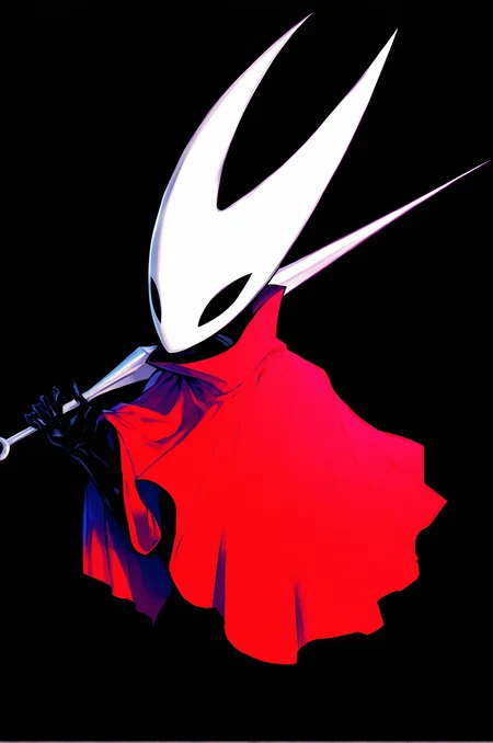 1girl, hornet \(hollow knight\), red cloak, holding weapon over shoulder, needle, upper body,  <lora:Hornet_hollow_knight_Illustrious-000007:1>, masterpiece, best quality, newest, absurdres, highres, new, kaifei \(kaifei 29\), k-suwabe, darkest dungeon style