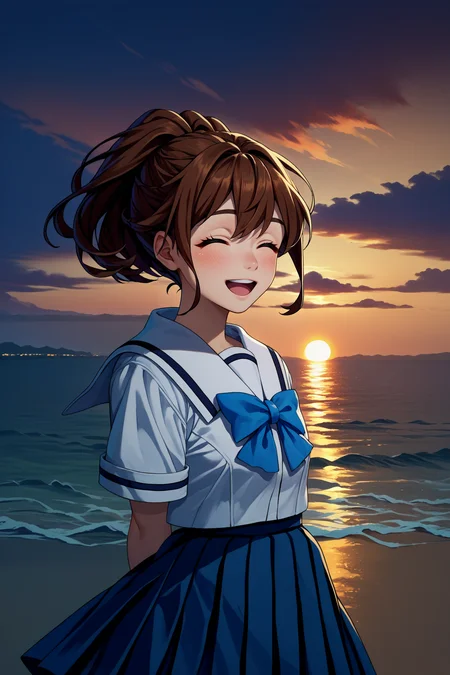 score_9, score_8_up, score_7_up, score_6_up, source_anime, 1girl, solo,  <lora:rnakiho-pdxl-nvwls-v1-000005:1> rnAkiho, brown hair, , ponytail, white shirt, short sleeves, white sailor collar, blue bow, pleated skirt, sunset, ocean, city, looking at you, closed eyes, happy, open mouth, blush, arms behind back