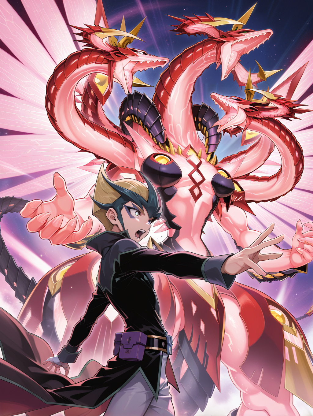 kite tenjo,1boy,open mouth,male focus,from side,teeth,outstretched hand,tongue,bright pupils,belt pouch,sharp teeth,1other,neo galaxy-eyes prime photon dragon,three heads,duel academy uniform,black coat,heterochromia,facial mark,white pants,pink scales,red mecha dragon,
masterpiece,best quality,amazing quality,very aesthetic,absurdres,newest,<lora:Galaxy-Eyes Prime Photon Dragon illuXL v2.3:0.87>,